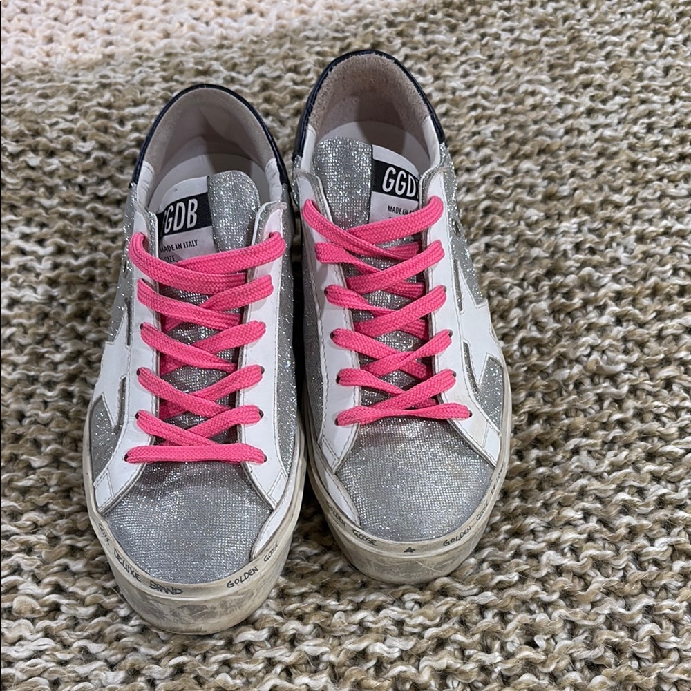 Golden Goose Silver and White Distressed Sneakers